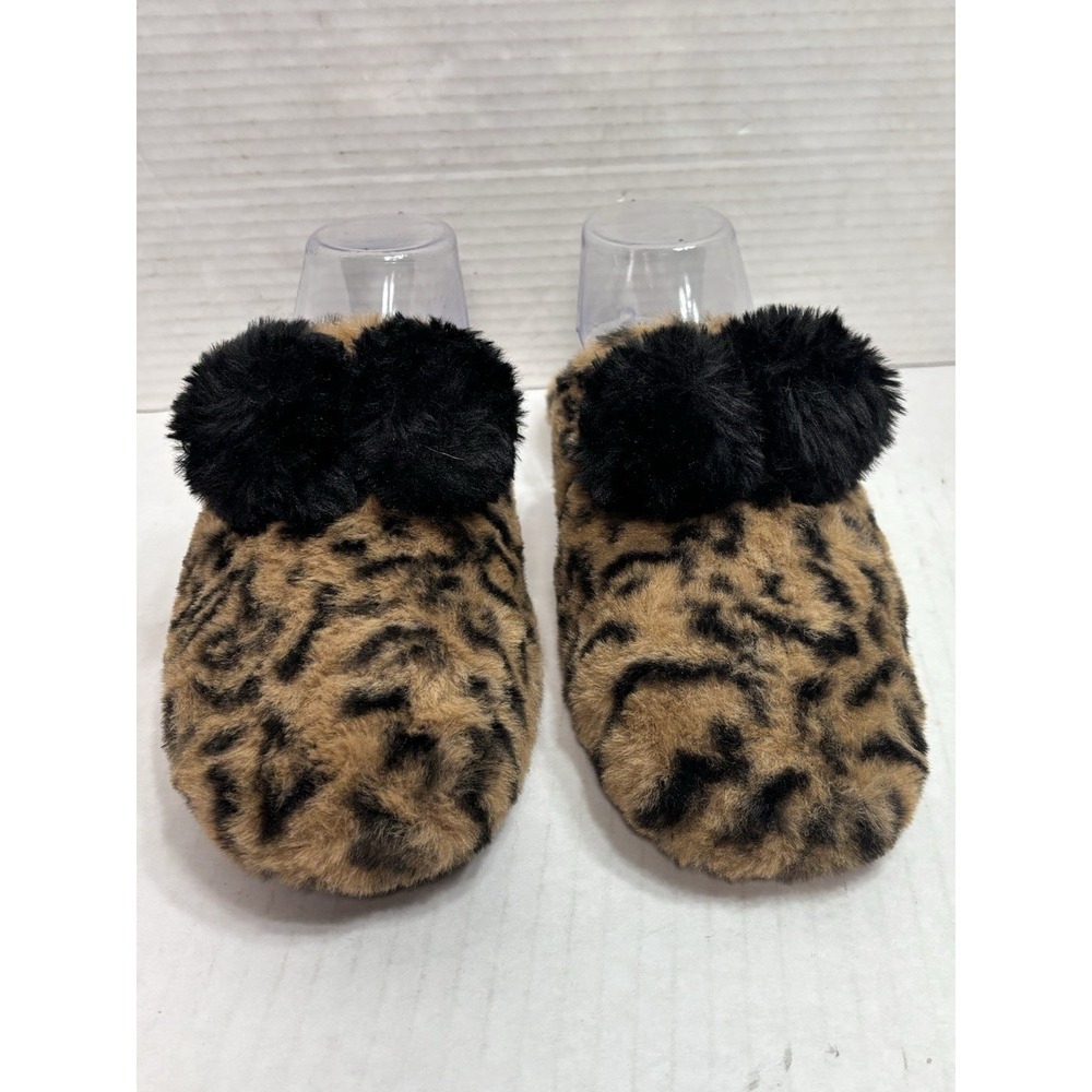 Calistoga Leopard Faux Fur Pom Pom Mule Slippers Womens Size 10 Cozy‎ Plush
